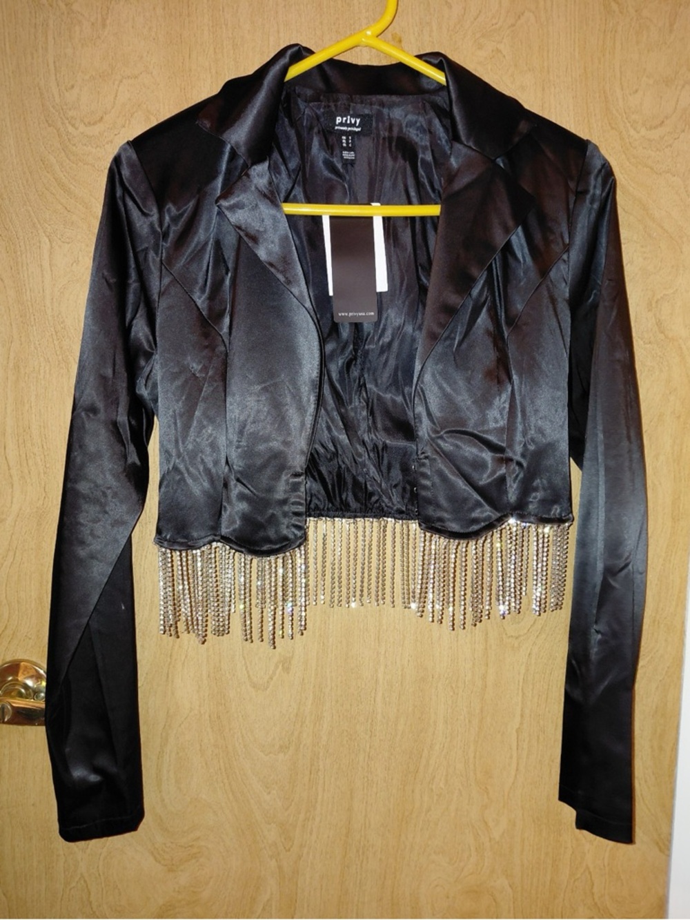 Forever 21 Black Satin Cropped Blazer with Metallic Fringe